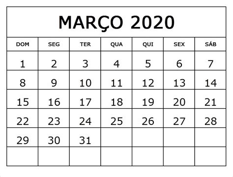 calendário de março de 2020