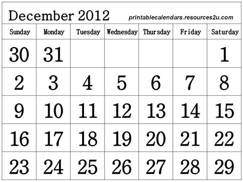 calendar december 2012 Doc