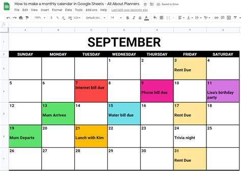 calendar in google sheets Doc