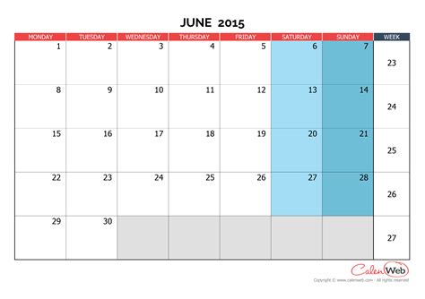 calendar month of june 2015 Doc