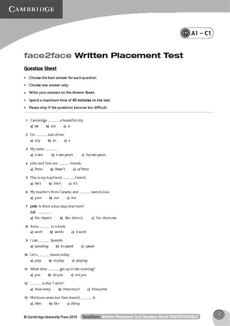 cambridge placement test sample questions PDF