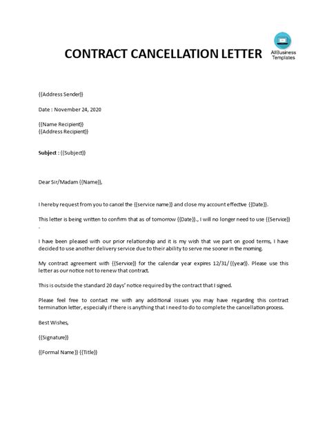 Cancellation Of A Contract Letter Template