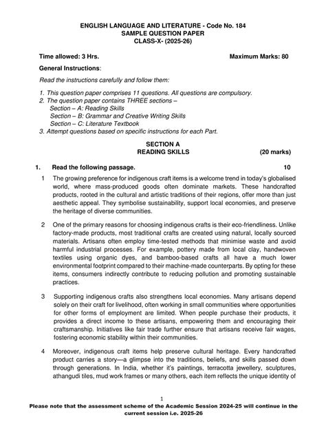 cbse english sample paper for class 10 PDF