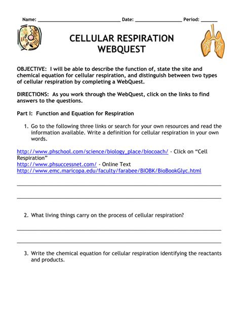 cellular respiration webquest worksheet answers Doc