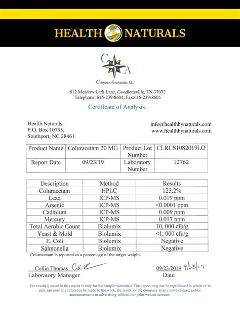 certificate of analysis singapore