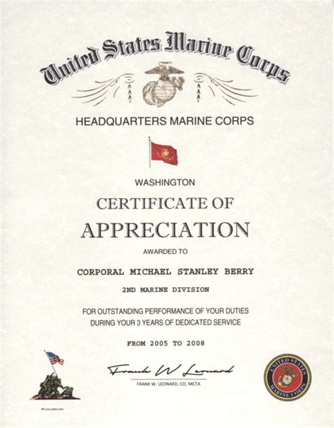 certificate of appreciation usmc Kindle Editon