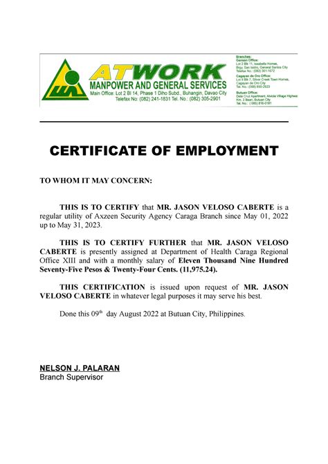 certificate of employment intermediaries