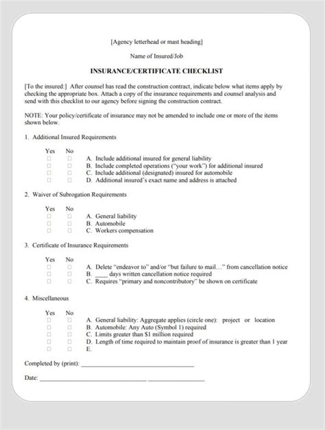 certificate of insurance checklist PDF