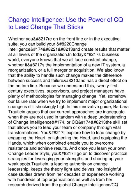 change intelligence use the power of cq to lead change that sticks Reader