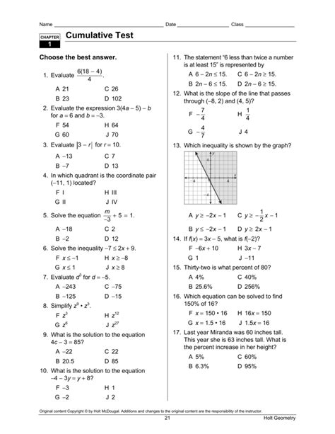 chapter 9 cumulative test holt algebra 2 Doc