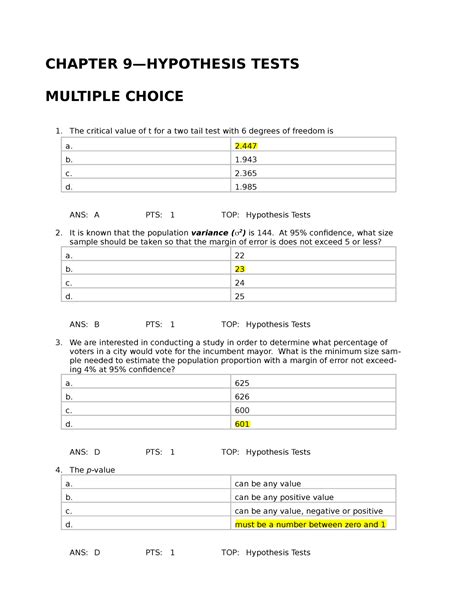 chapter 9 hypothesis tests multiple choice Reader
