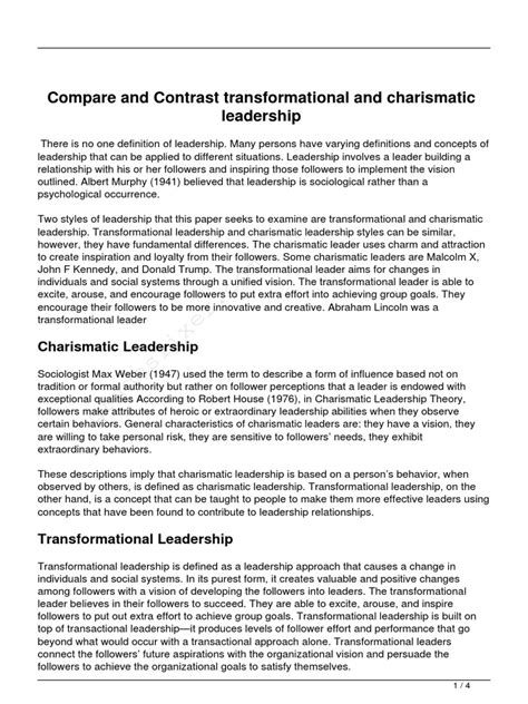 charismatic and transformational leadership compare and contrast Doc