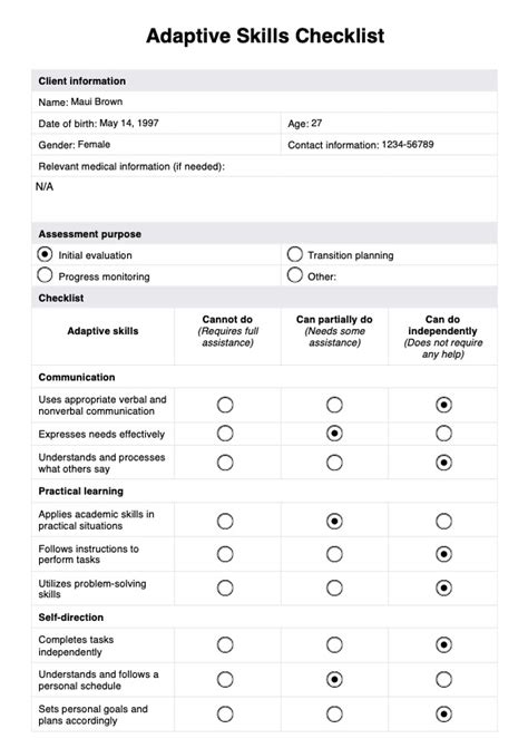 checklist of adaptive living skills Reader