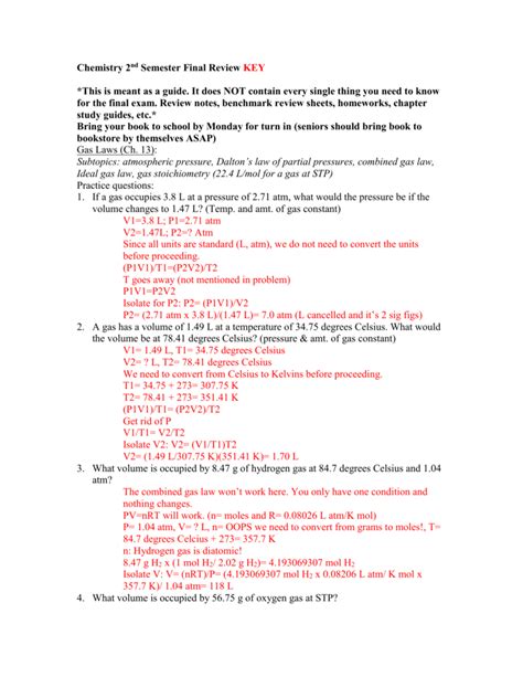 chemistry 2nd semester study guide answer key Doc