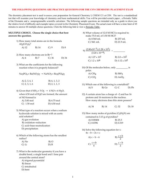 chemistry placement exam study guide PDF