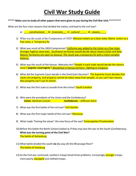 civil war study guide answers Doc