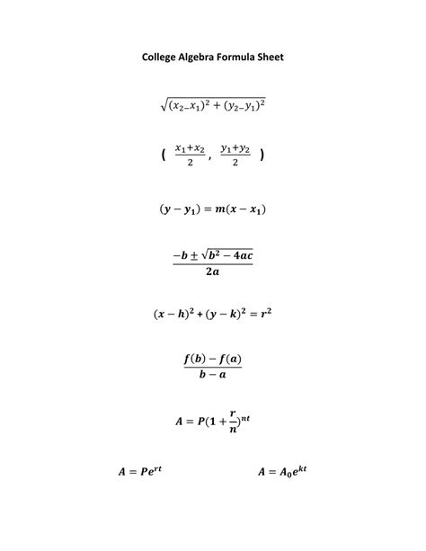 college algebra formula sheet