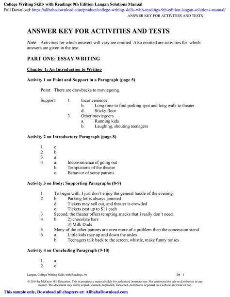 college writing skills langan 9th answer key PDF