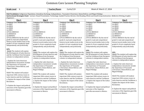 common core planning template Reader
