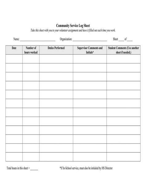 community service log sheet template PDF