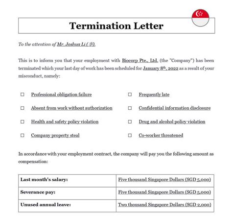 compensation for termination of employment singapore