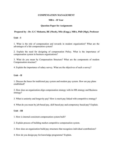 compensation management mba question papers Doc