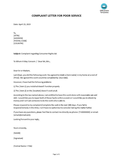 complaint letter poor customer service sample Doc