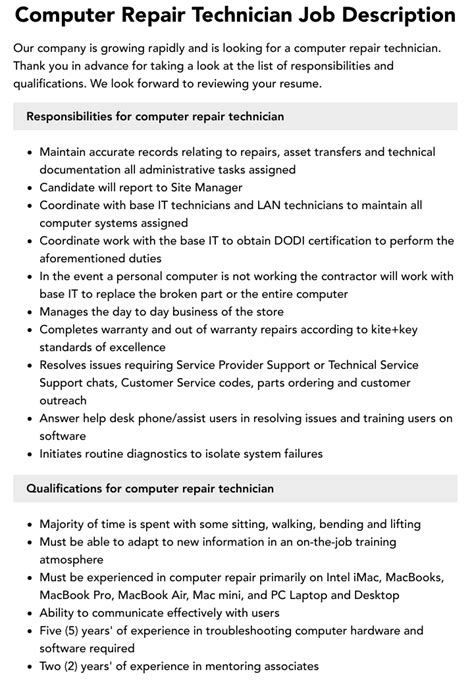 computer repair tech job description PDF