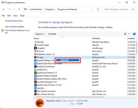 control panel can't uninstall ea app