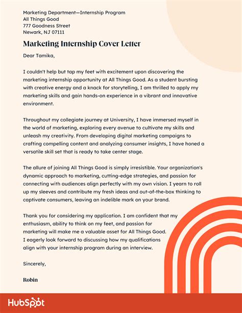 cover letter sample for internship