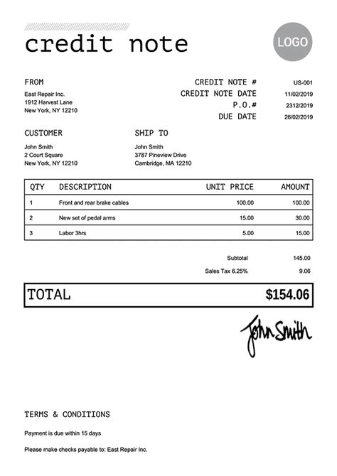 credit note template