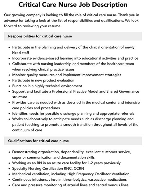 critical care nurse job description