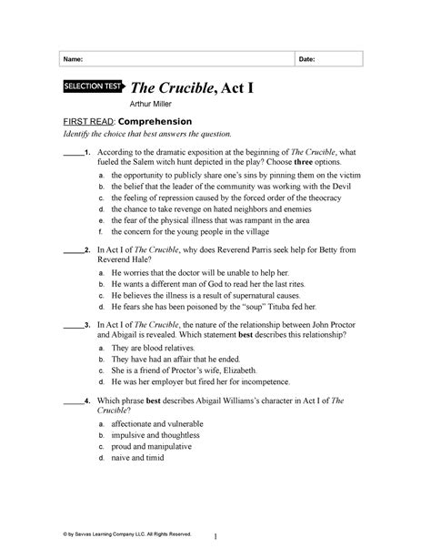 crucible act 1 selection test b answers PDF