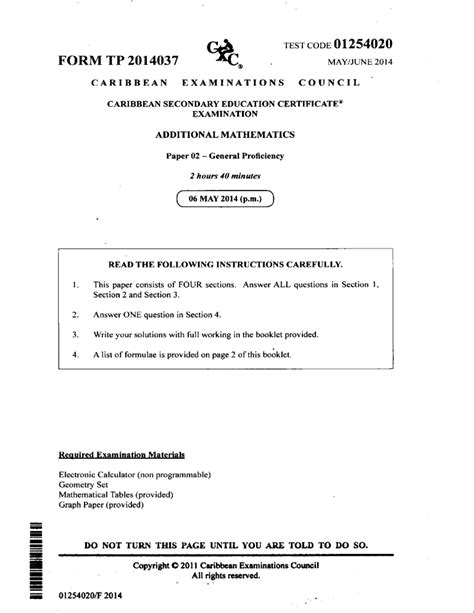 cxc mathematics specimen paper 2014 Doc