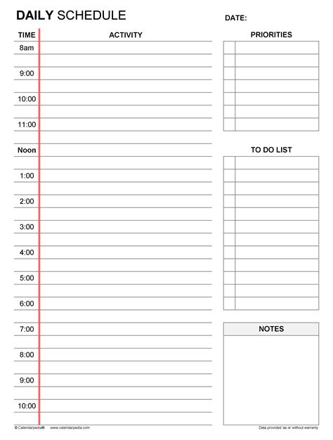 daily schedule template Reader