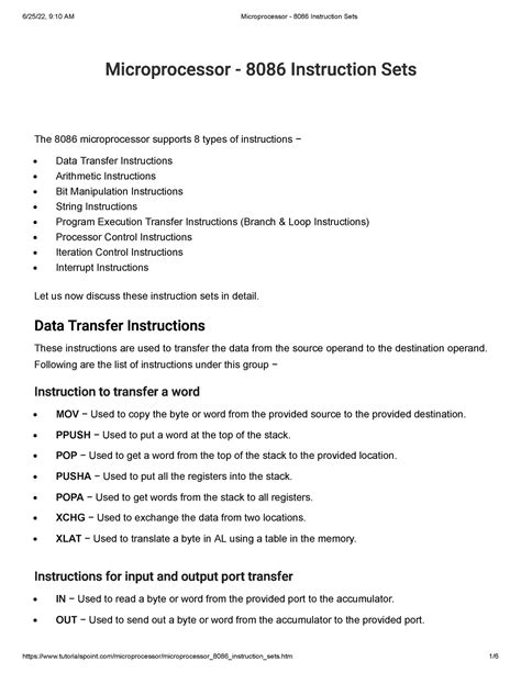 data transfer instruction set of 8086 microprocessor PDF