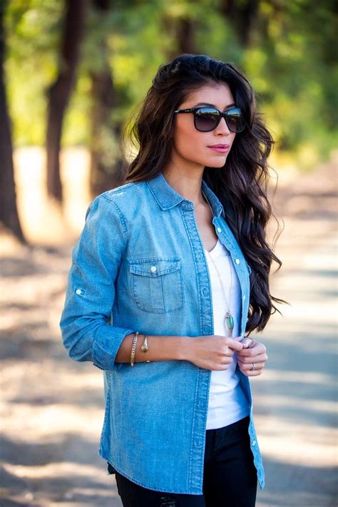 denim shirt women's outfit