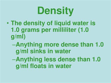 density of water in grams per milliliter