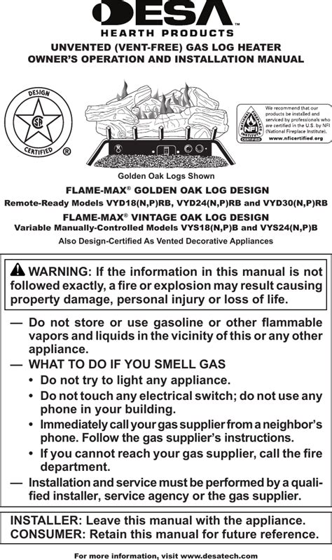 desa vml27nr vml27pr flame max user guide PDF