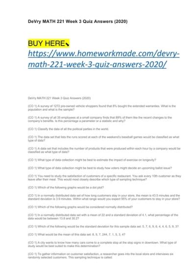 devry math 221 week 3 quiz answers Ebook Epub