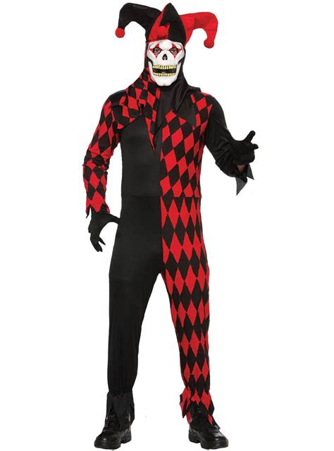 diamond-patterned red and black jester's costume