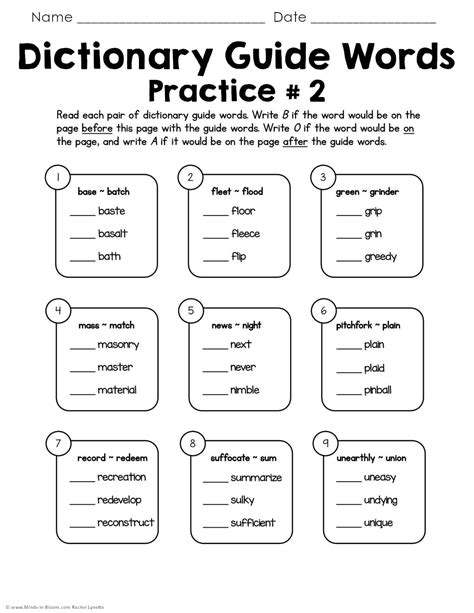 dictionary guide words worksheet PDF