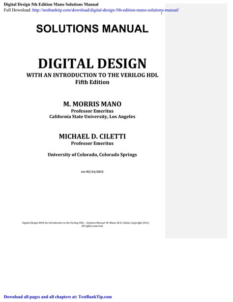 digital design 5th edition mano solutions manual free Kindle Editon