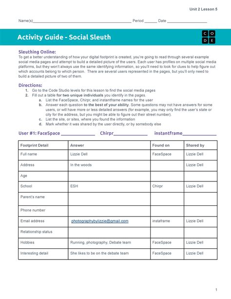 digital social sleuth answer key