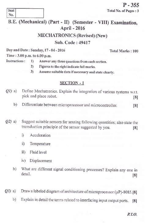 diploma question paper for mechatronics PDF