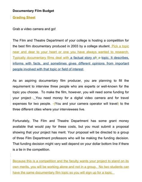 documentary film budget sample doc PDF
