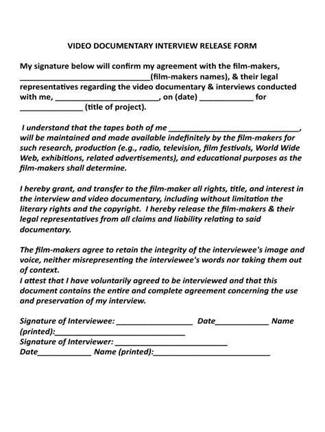 documentary release form template Doc
