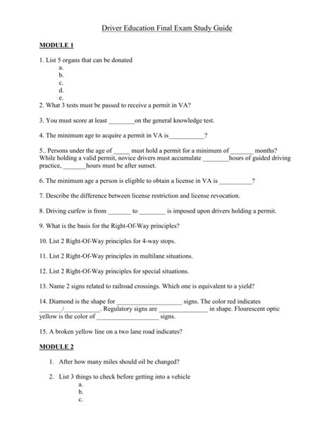 driver education final exam study guide pdf Doc