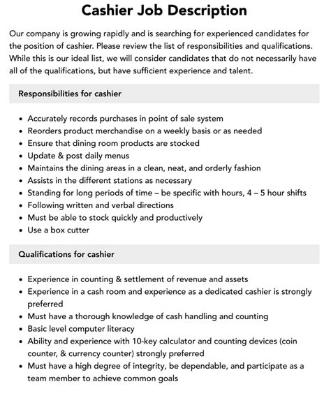 duties and responsibilities of a cashier