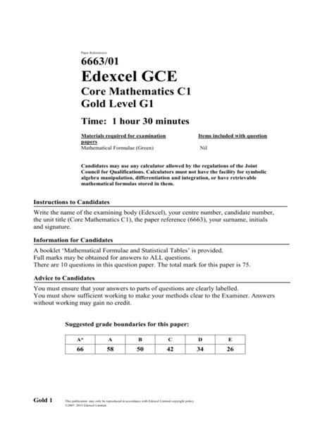 edexcel c1 maths gold paper PDF